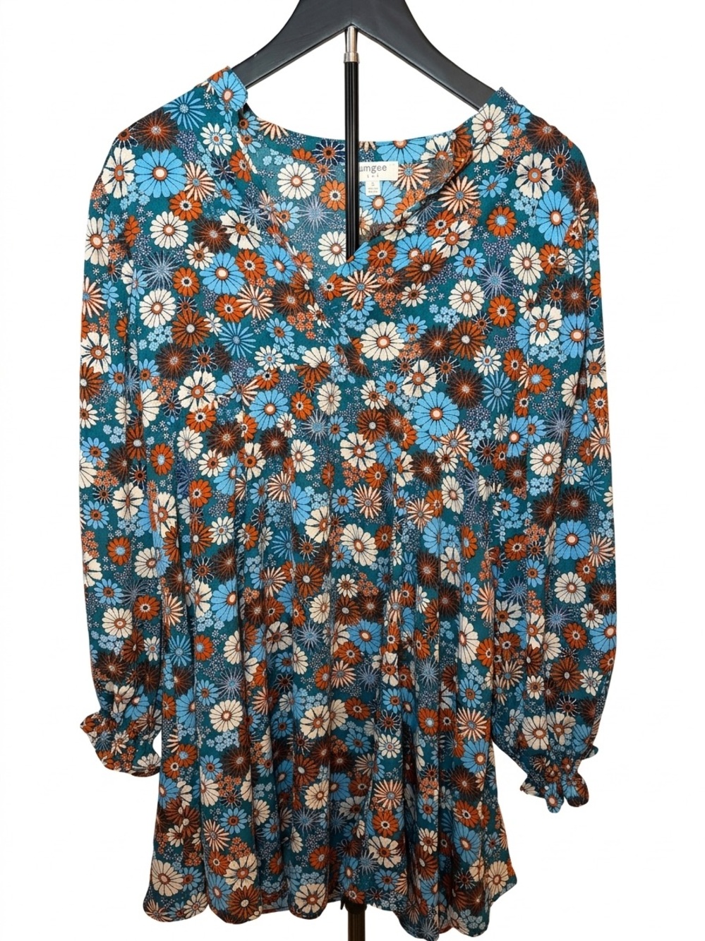 Umgee Blue Floral Mini Dress with White and Rust Flowers